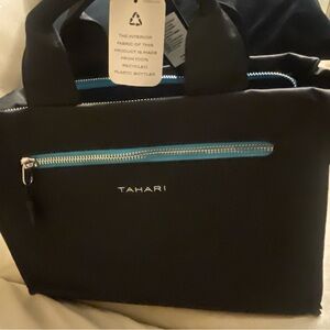 Tahari Bree Black Satchel with Aqua Accents